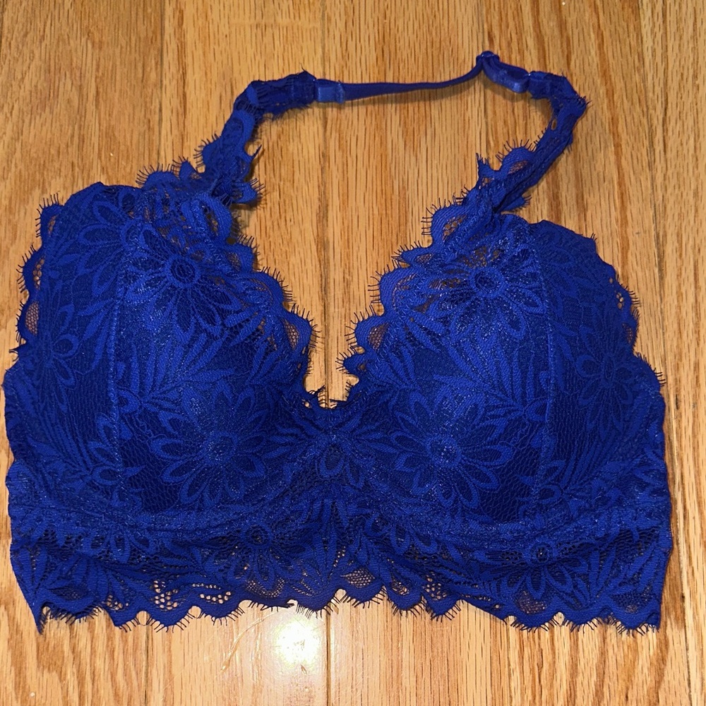 NWOT Pink Royal Blue Lace Halter Bralette with underwire and light padding. XS.